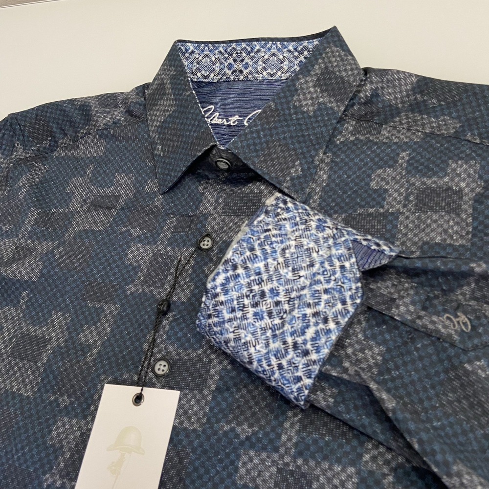 Robert Graham Men's Medium Long Sleeve Flip Cuff Blue /Gray Geometric Print‎ NEW